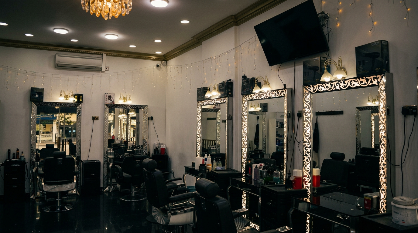 Premium black and silver barber shop interior