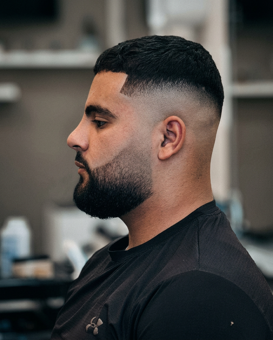 Sharp skin fade with crisp line-up and beard