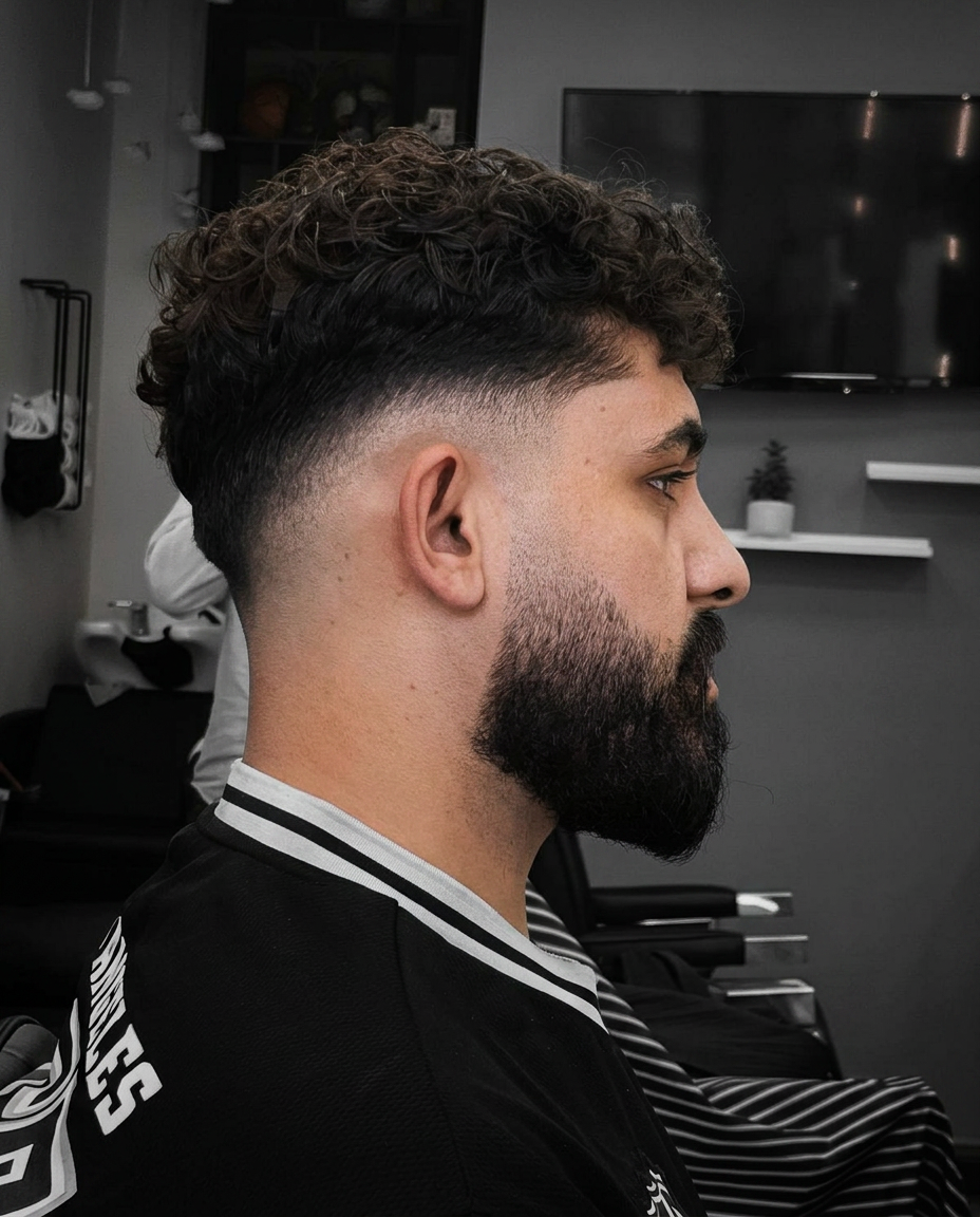 Curly top with mid drop fade and full beard